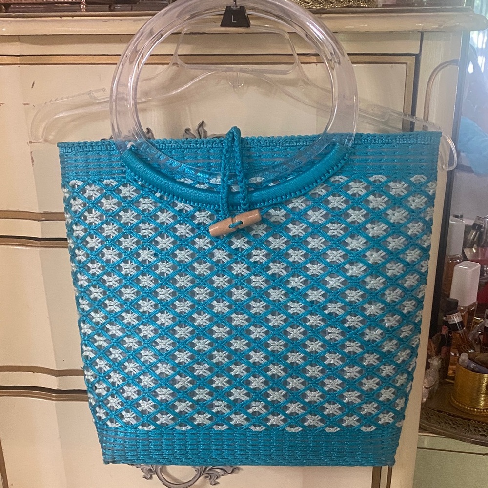 Vintage- Blue Woven Tote Bag with Clear Handles - - Picture 2 of 12